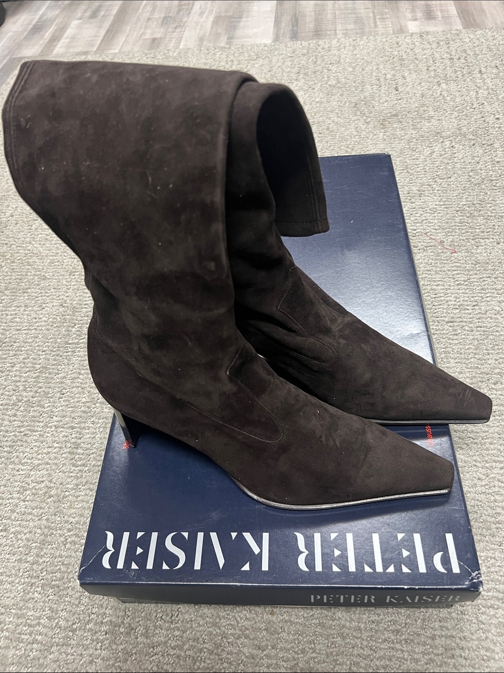 Peter Kaiser Dark Brown Suede Pointed Mid-Calf Kitten Heel Boots
